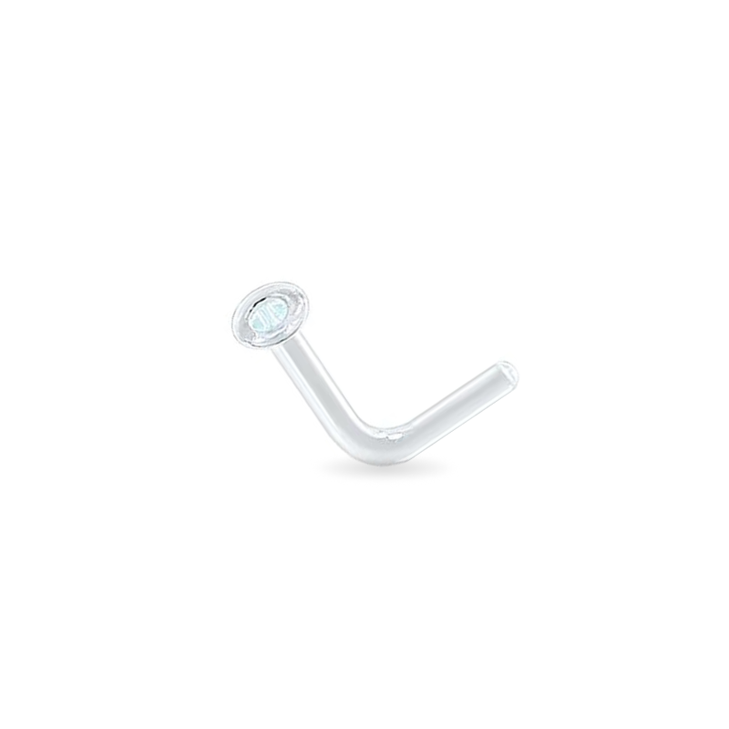 Clear glass L-shaped nose stud on white background