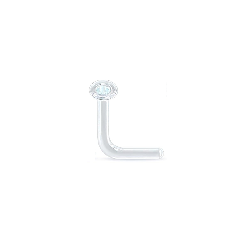 Clear glass L-shaped nose stud on white background
