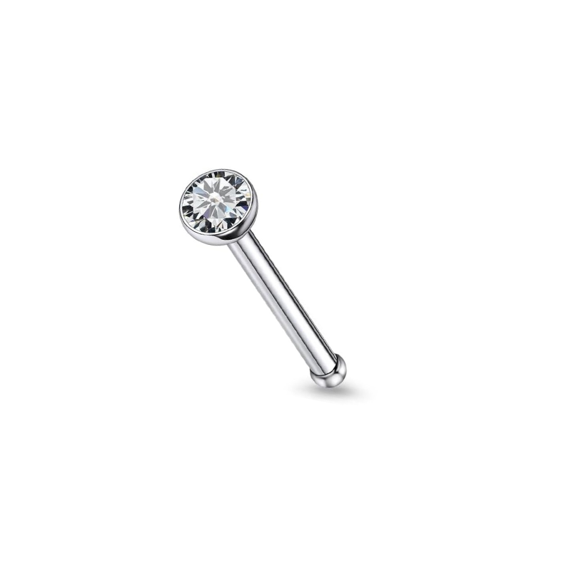 Silver-tone titanium bone nose stud with a bezel-set clear CZ
