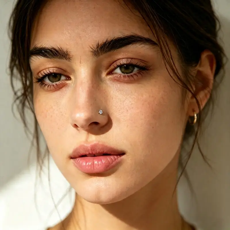 Woman wearing a small clear CZ stud in her nostril