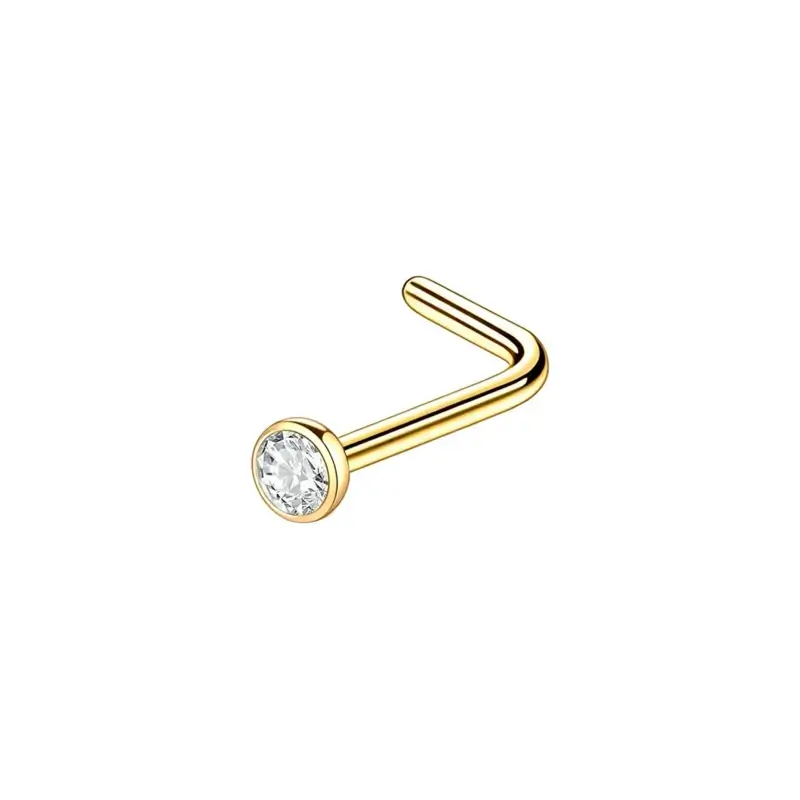 Gold-tone CZ L-shaped nose stud, side view