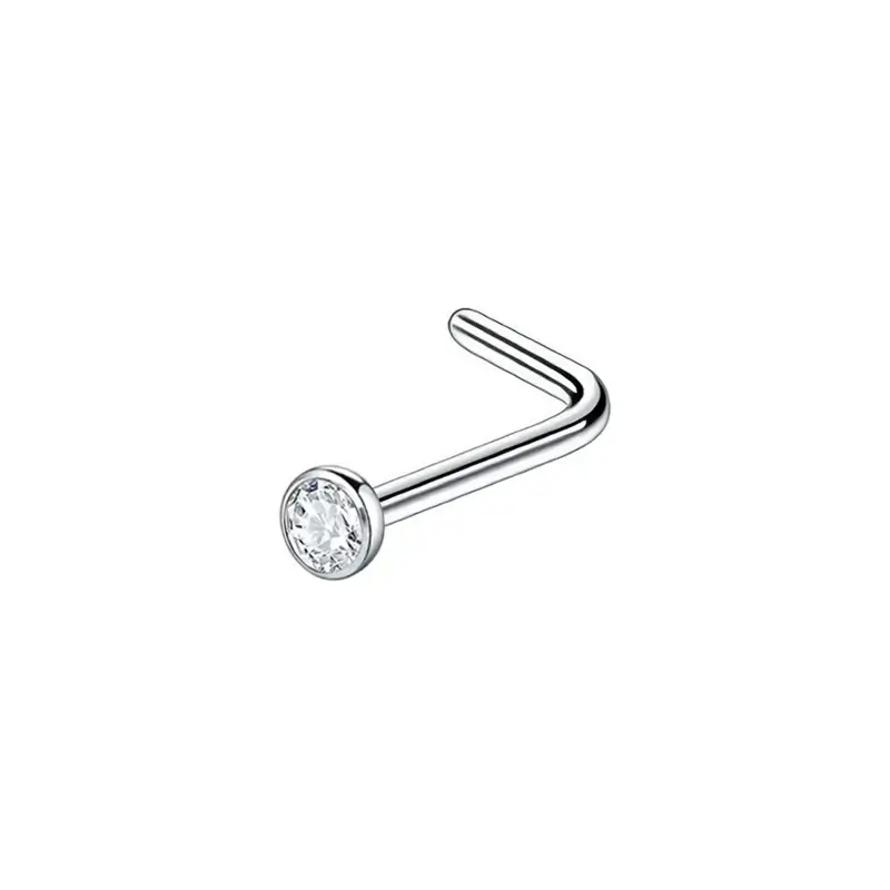Silver-tone CZ L-shaped nose stud, side view