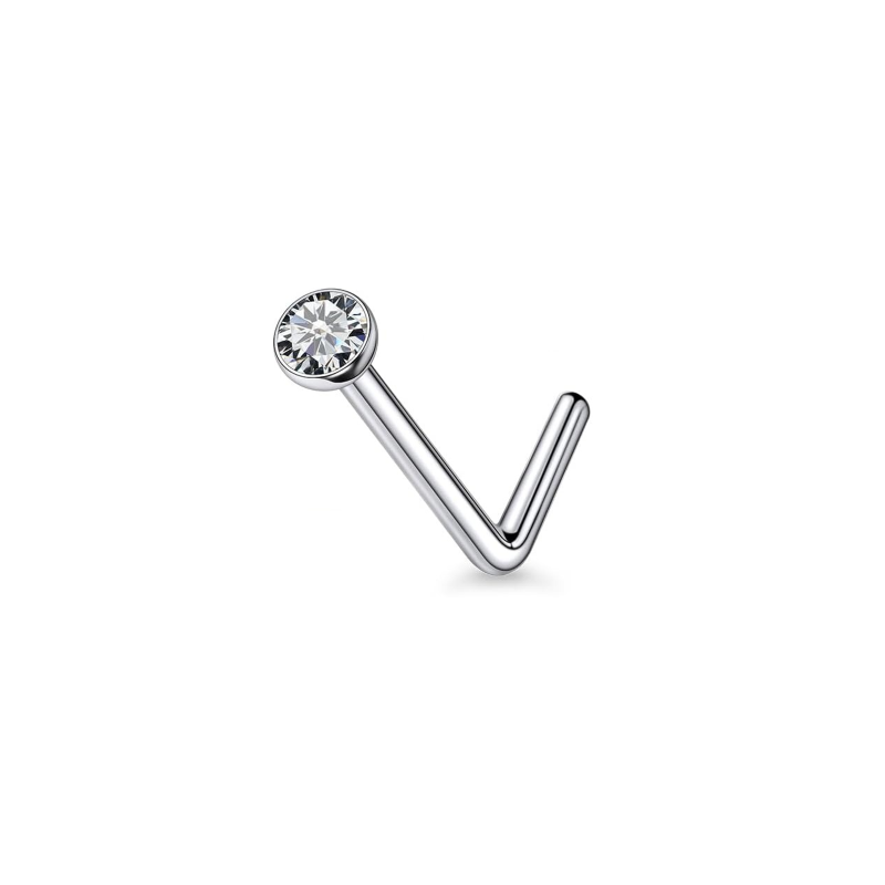Silver-tone titanium L-shaped nose stud with a bezel-set clear CZ