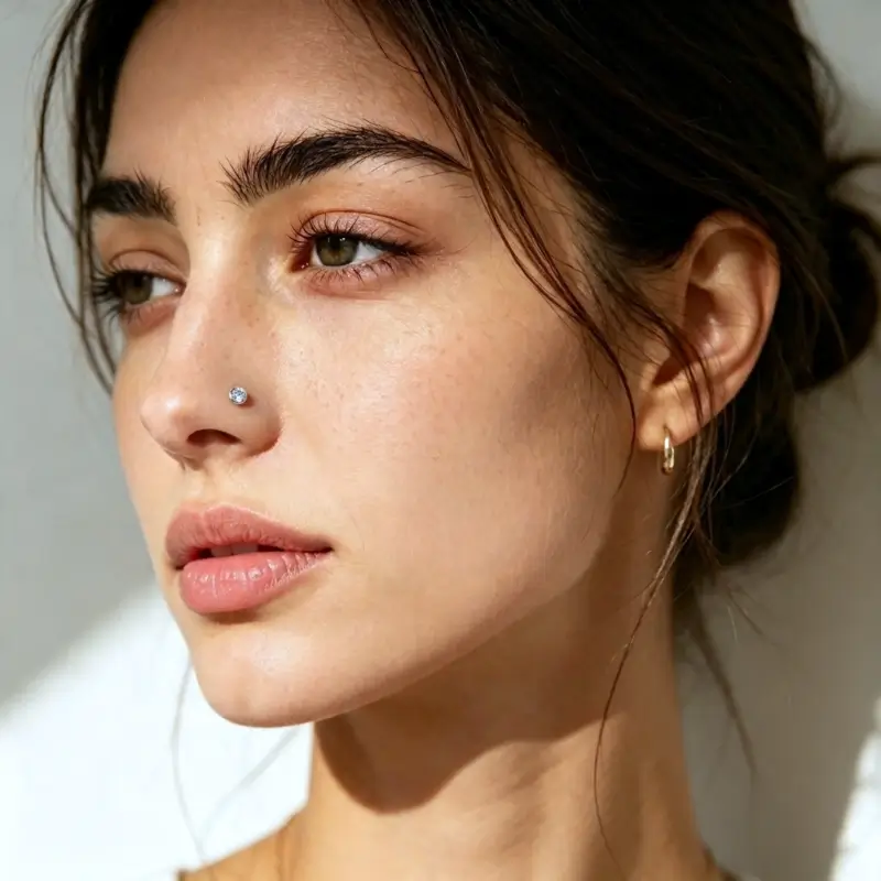 Woman wearing a small clear CZ nose stud in her nostril