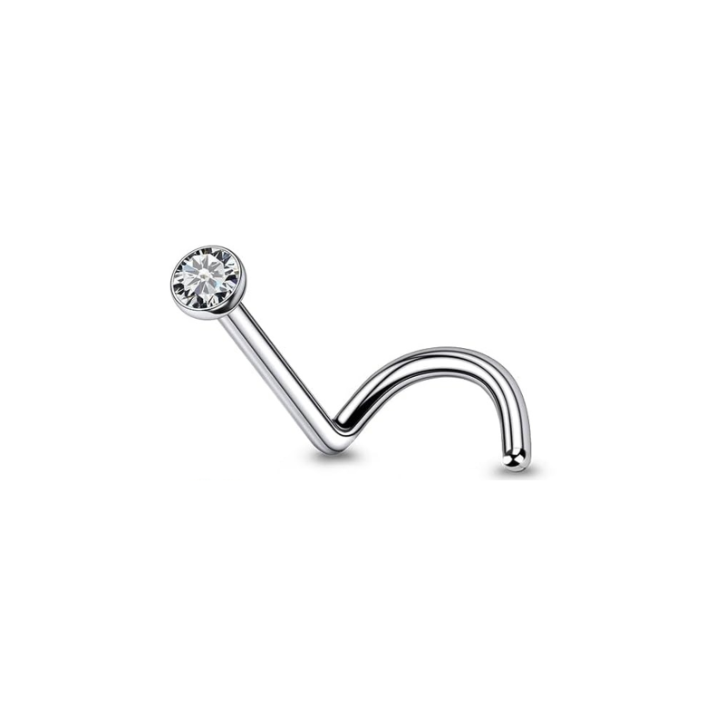Silver-tone titanium nose screw with a bezel-set clear CZ