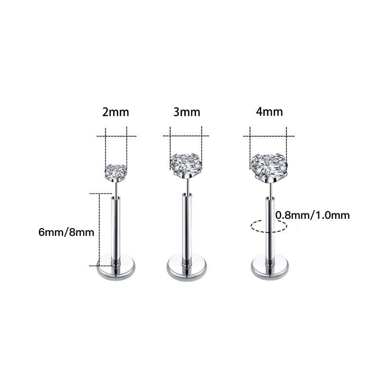 Size chart showing 2mm, 3mm and 4mm CZ tops with 6mm and 8mm post lengths