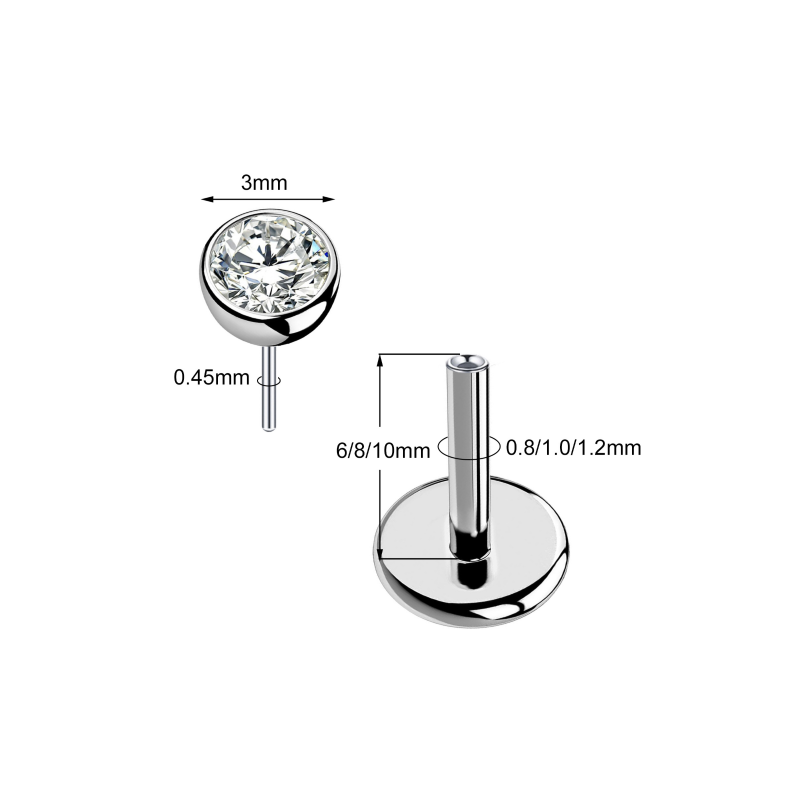 g23-titanium-threadless-nose-stud-size-guide Size guide diagram for G23 titanium threadless push pin nose stud showing 3mm top gem, 0.45mm pin, 6mm to 10mm bar length, and 0.8mm to 1.2mm gauge thickness