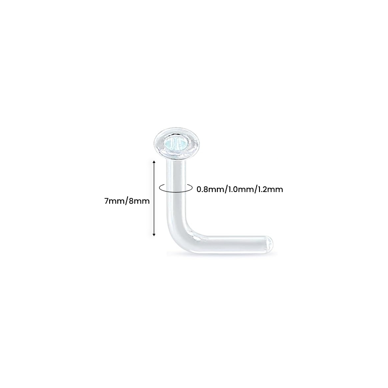 glass-nose-stud-size-chart Diagram showing the 7mm/8mm L-shaped post and 0.8mm/1.0mm/1.2mm gauge