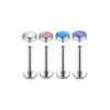 internally-threaded-opal-nose-stud-four-colors Four opal tops with threaded pins above their posts, in white, pink, blue and purple