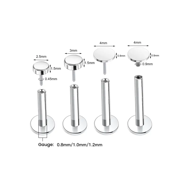 plain-disc-nose-stud-size-guide Size guide showing 2.5mm, 3mm and 4mm tops with 0.8mm, 1.0mm and 1.2mm gauge options