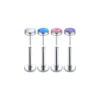 threadless-opal-nose-stud-four-colors Four opal tops with push-in pins above their posts, in white, blue, pink and purple