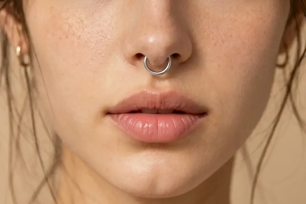 Close-up of a silver septum ring worn on the nose