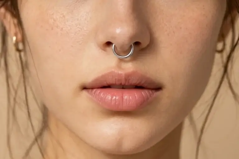 Close-up of a silver septum ring worn on the nose