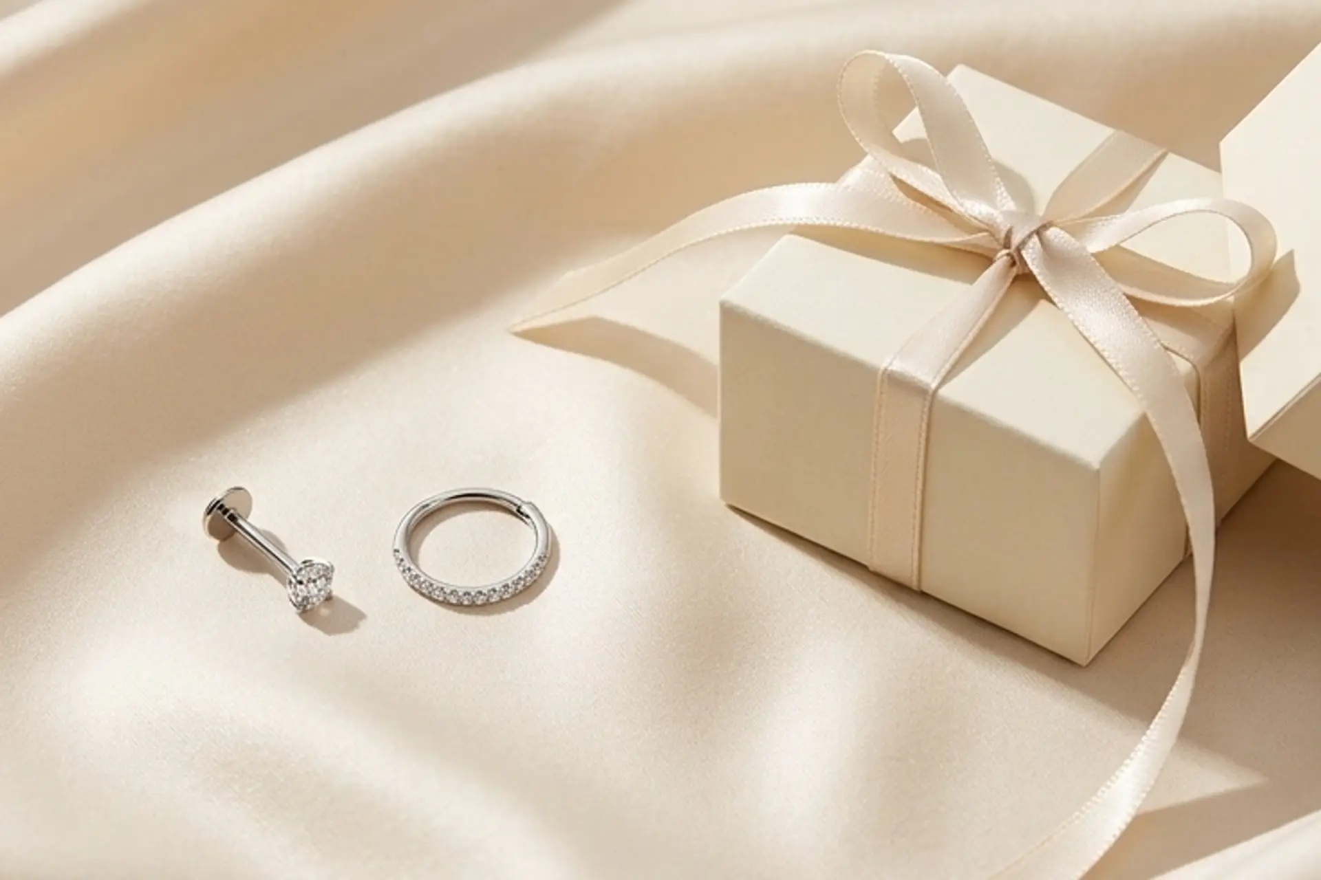 A nose jewelry gift: a silver nose ring on a ribbon beside a small gift box